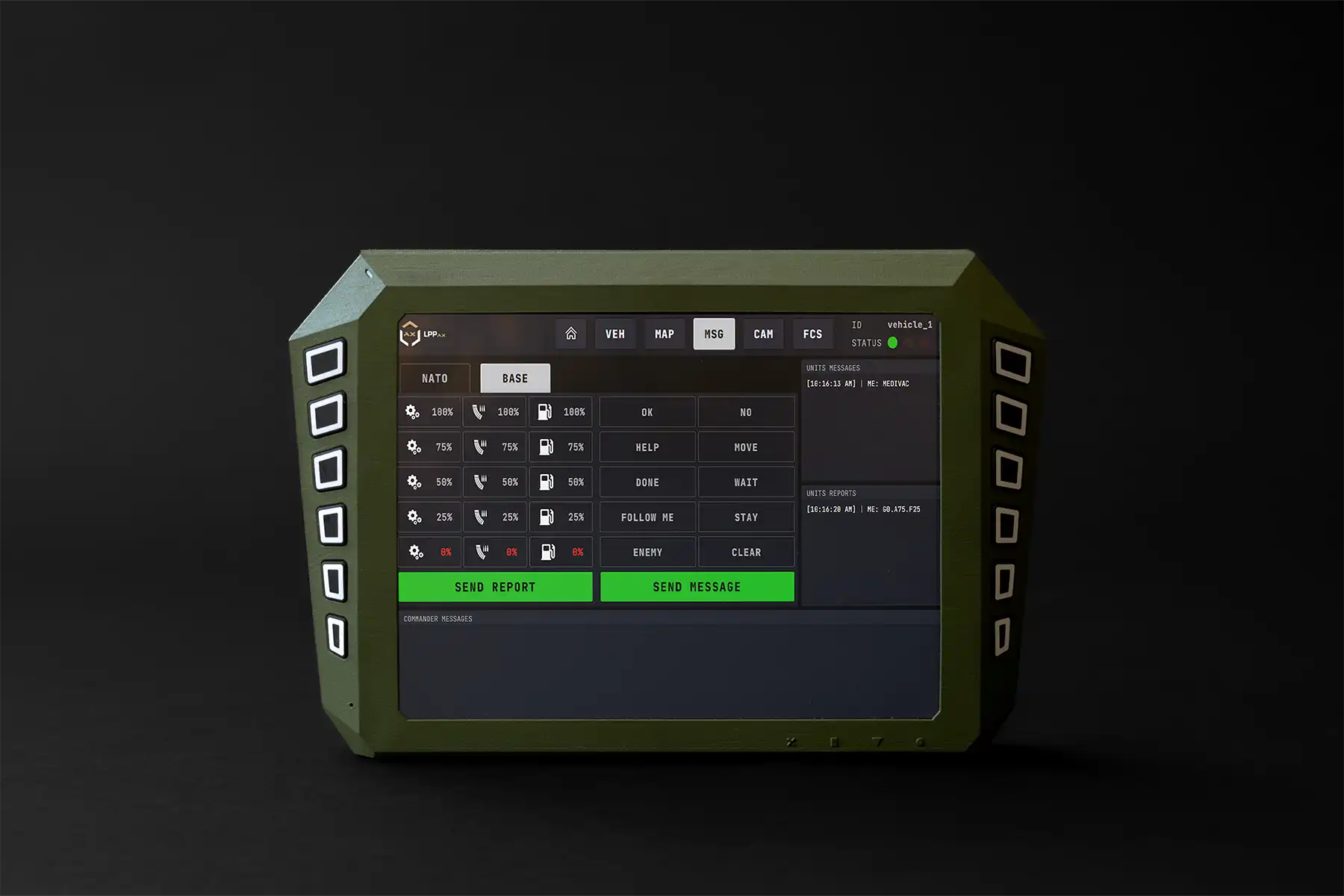 Close-up of digital dashboard displaying battle management commands and unit status