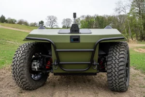 Close-up of shock absorber and wheel system on Autonomous UGV HORNET