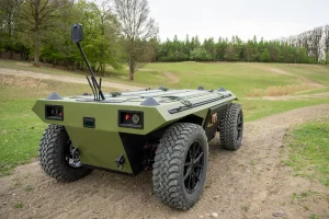 Rear view of Autonomous UGV showing communication antennas and sensors
