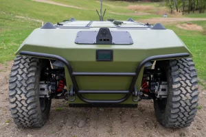 Close-up of front-facing camera and rugged suspension system on Autonomous UGV HORNET