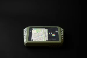 Horizontal Blue Force Tracker screen showing real-time map with tactical inputs