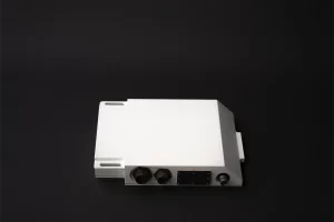 Top view of interface driver terminal with circular military connectors and matte white finish