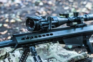 Tactical rifle with NCN-1 clip-on night vision attachment for military-grade visibility