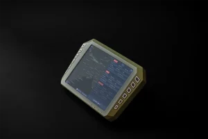 Military-grade tablet showing target acquisition coordinates and shooter-target interface