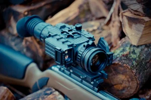 TSA-10 thermal imaging sight attached to a precision rifle placed on stacked wood